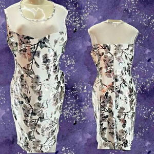 Olivia Matthews L White Metallic Floral Mesh Neck Sleeveless Below Knee Dress